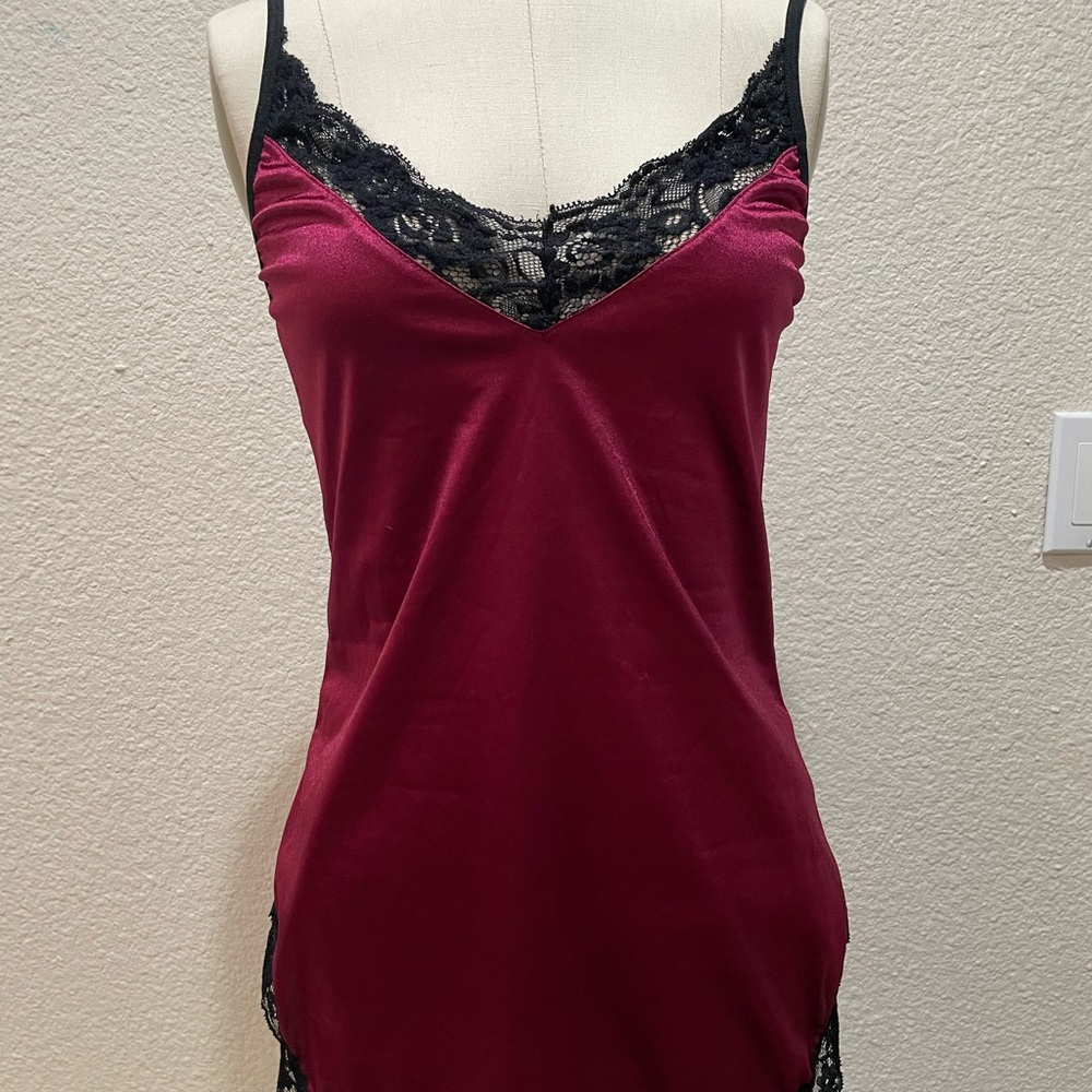 Frederick's of Hollywood Burgundy Satin Chemise with Black Lace